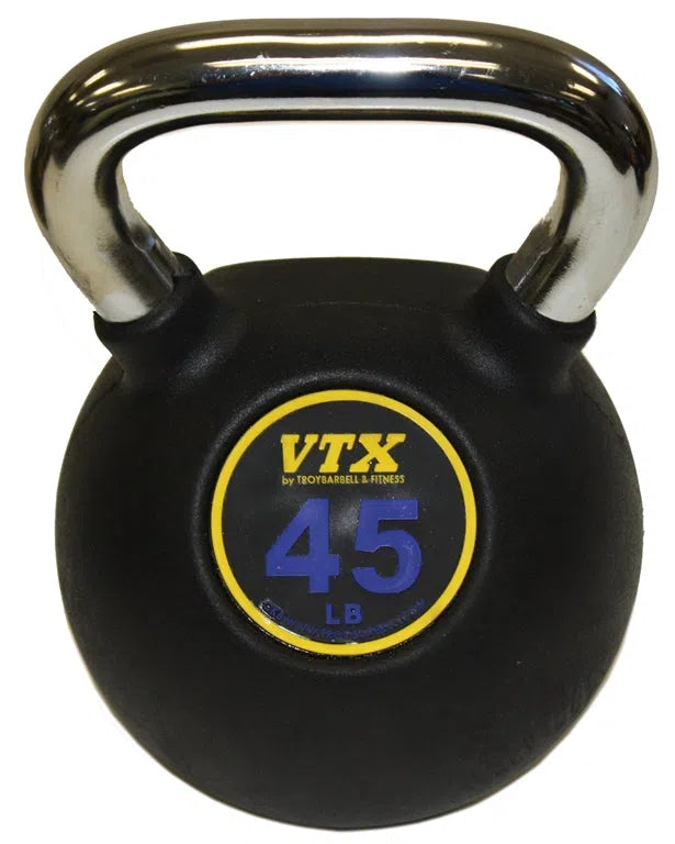 The VTX Kettlebell Set w/ Rack by VTX features a black 45-pound kettlebell with a sleek silver handle and vibrant blue and yellow weight logo, making it ideal for versatile gym equipment needs.
