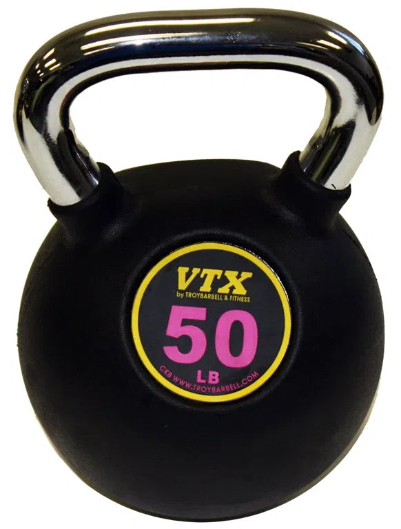 The VTX Kettlebell Set w/ Rack features a sleek black kettlebell with a shiny silver handle. Adorned with the VTX by Troy Barbell & Fitness label and bold pink and yellow 50 LB text, its ideal for any gym or fitness center.