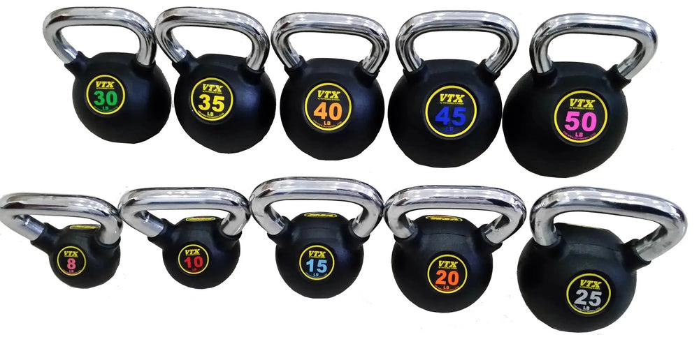 The VTX Kettlebell Set w/ Rack is ideal for fitness centers, featuring nine kettlebells with chrome handles and VTX logos. Weights range from 8 to 50 pounds, offering versatile workouts for all strength levels.