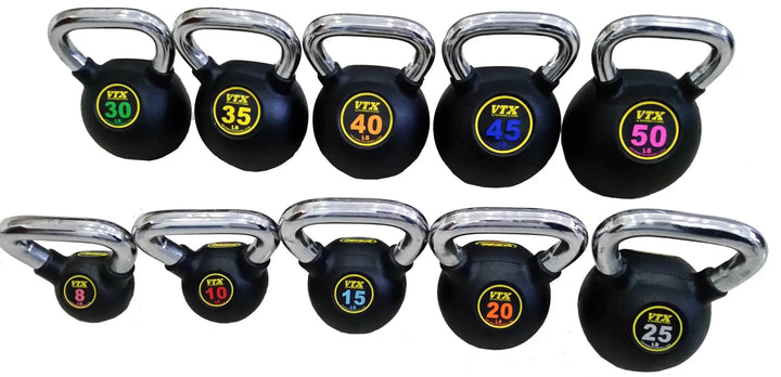 The VTX Kettlebell Set w/ Rack is ideal for fitness centers, featuring nine kettlebells with chrome handles and VTX logos. Weights range from 8 to 50 pounds, offering versatile workouts for all strength levels.