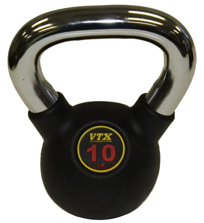 A VTX 10 LB kettlebell with a chrome handle and black finish features a VTX 10 LB label. Its ideal for gym equipment collections or kettlebell sets in fitness centers. Part of the VTX Kettlebell Set w/ Rack by VTX brand.