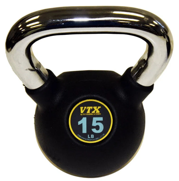 A standout black VTX kettlebell with a silver handle, perfect for any gym, features a yellow and white label displaying VTX and 15 LB, making it an ideal addition to your VTX Kettlebell Set w/ Rack.