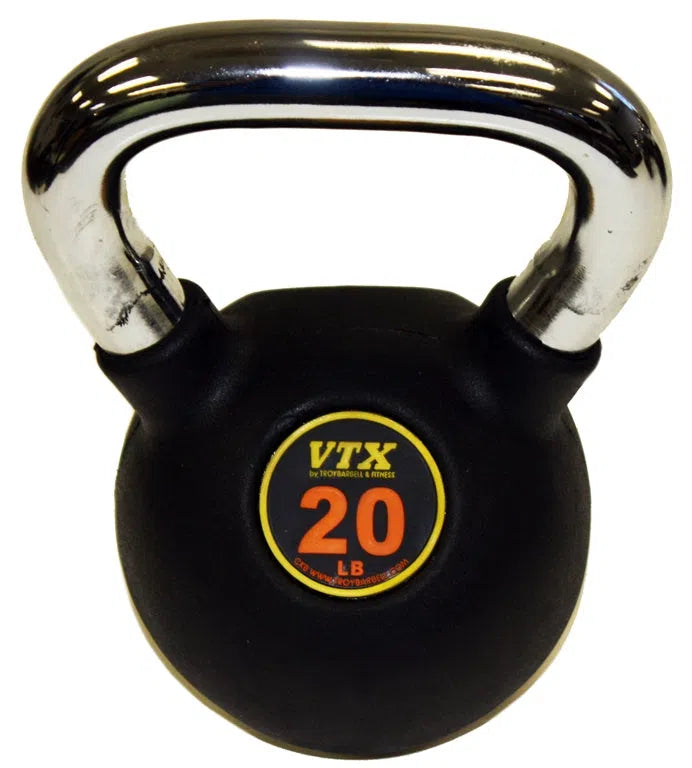 The VTX Kettlebell Set features a black kettlebell with a shiny silver handle and a circular label reading VTX 20 LB in vibrant yellow and red, adding style and functionality to any fitness center. Perfect for enhancing your gyms equipment collection.
