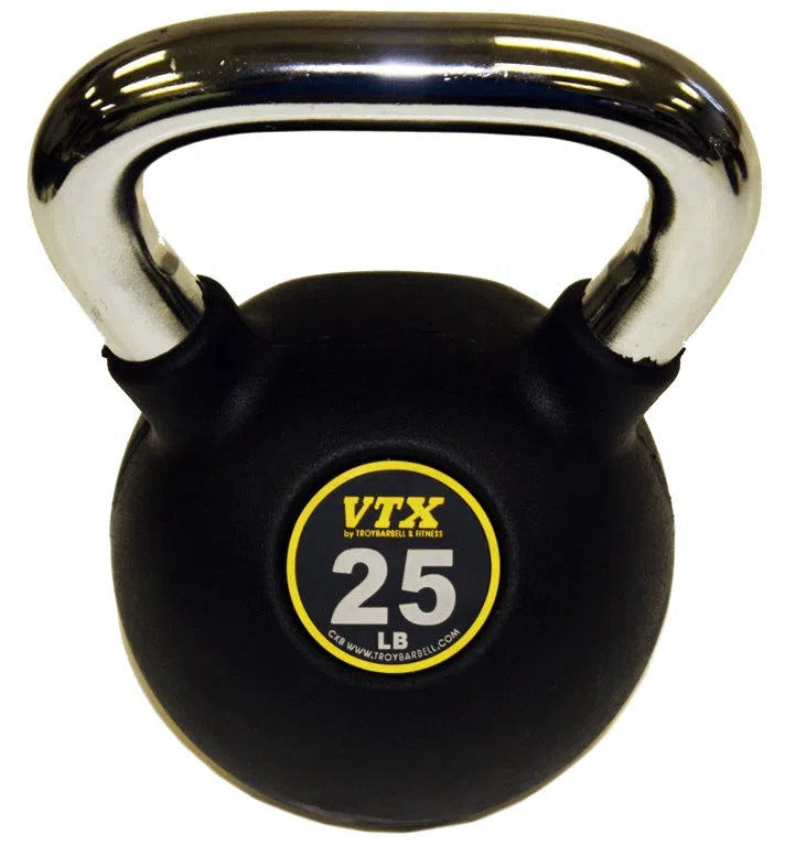 The 25 lb VTX Kettlebell, part of the VTX Kettlebell Set w/ Rack, features a shiny metallic handle and a yellow and white VTX logo on its black surface, perfect for gym equipment collections or fitness centers.