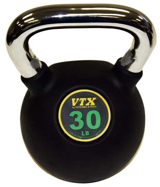 A black VTX kettlebell with a silver handle from the VTX Kettlebell Set features a circular yellow and green label, displaying VTX at the top and 30 LB. Its ideal gym equipment for any fitness center.