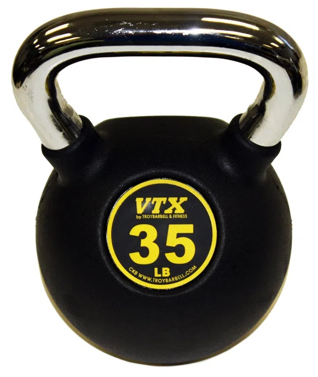 This black kettlebell with a chrome handle has a yellow label reading VTX by TROY BARBELL & FITNESS and 35 LB. It’s an ideal addition to the VTX Kettlebell Set w/ Rack, enhancing any gym equipment collection for a superior fitness center experience.