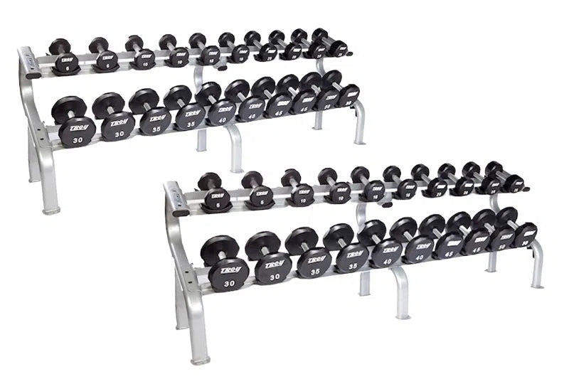 The TROY Barbell Troy 5-100 lb Urethane Commercial Dumbbell Set w/ Rack features two multi-tier gym racks with durable black dumbbells marked from 5 to 50 lbs, offering an organized and ideal fitness solution.