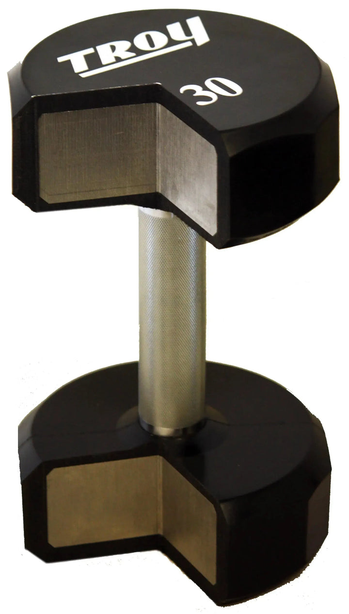 The TROY Barbell black dumbbell, from the urethane commercial set ranging 5-50 lbs with a rack, displays TROY and 30 on its ends. It features a textured handle for superior grip when upright.