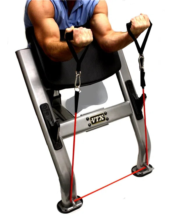 A man training with the resistance bands on the Troy Barbell VTX Preacher Curl Resistance Band Bench G-CB 