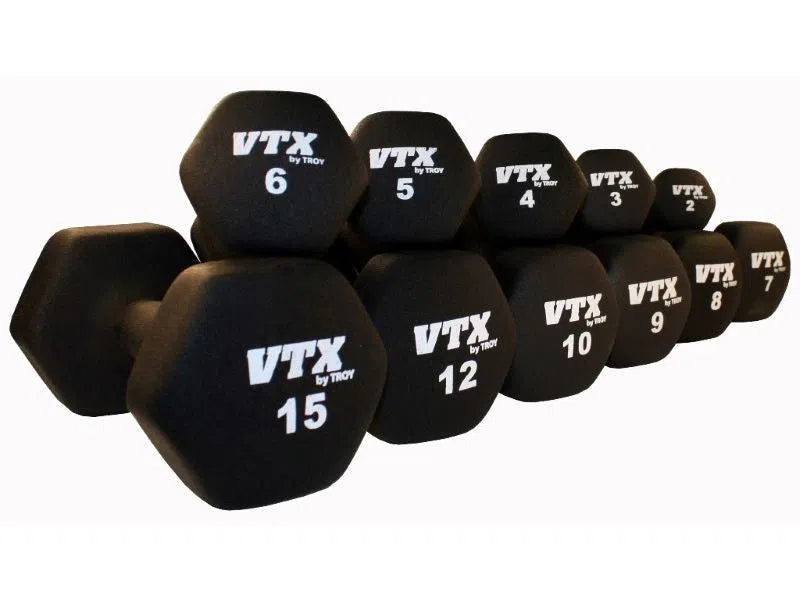 The VTX Group Aerobics Neoprene Dumbbell Set features black hexagonal dumbbells with white text displaying weights from 1 to 10 pounds. Labeled as VTX, they are neatly arranged in two rows, perfect for enhancing any group fitness routine while saving space.