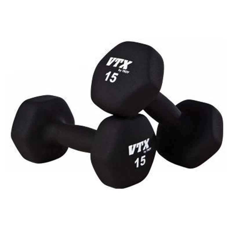 Two black hexagonal dumbbells from the VTX Group Aerobics Neoprene Dumbbell Set display VTX by Troy and 15. Ideal for group fitness, these space-saving weights rest on a flat surface with one slightly overlapping.