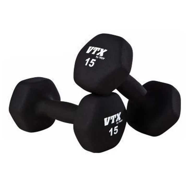 Two black hexagonal dumbbells from the VTX Group Aerobics Neoprene Dumbbell Set display VTX by Troy and 15. Ideal for group fitness, these space-saving weights rest on a flat surface with one slightly overlapping.