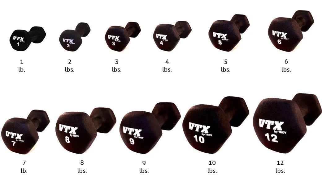 The VTX Group Aerobics Neoprene Dumbbell Set has a space-saving design with black, hexagonal dumbbells in two rows, ranging from 1 to 10 pounds. Each is side-labeled for easy identification, making them ideal for group fitness sessions with stable and user-friendly features.