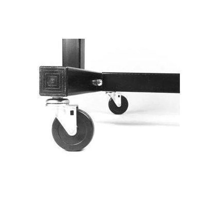 Close-up of the VTX Group Aerobics Neoprene Dumbbell Set (1-10 lbs.) space-saving designs bottom section, featuring two black caster wheels, against a plain white backdrop.