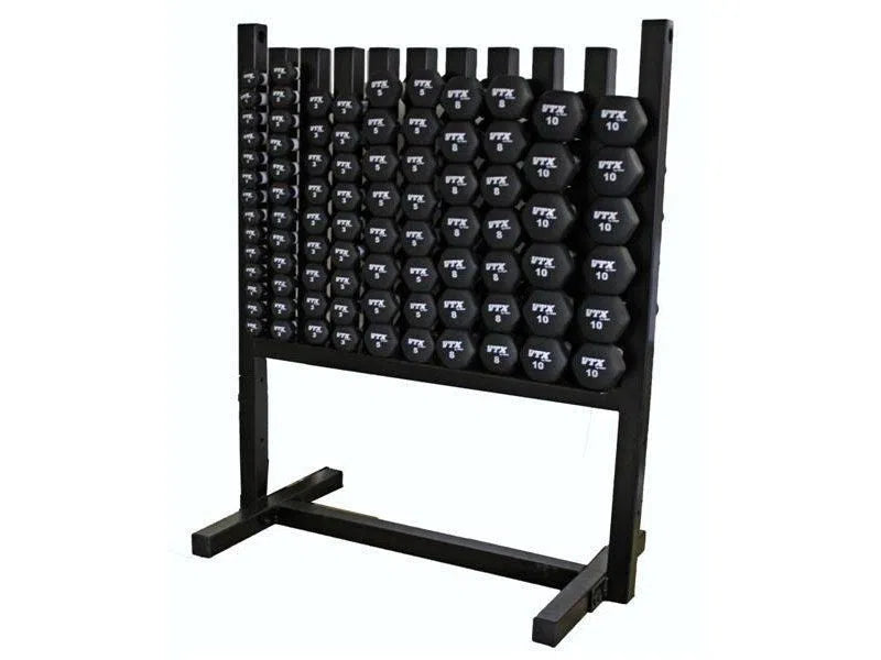 The VTX Group Aerobics Neoprene Dumbbell Sets black metal rack neatly holds multiple 10-pound dumbbells in two rows, each featuring white lettering against a white background, showcasing a space-saving design.