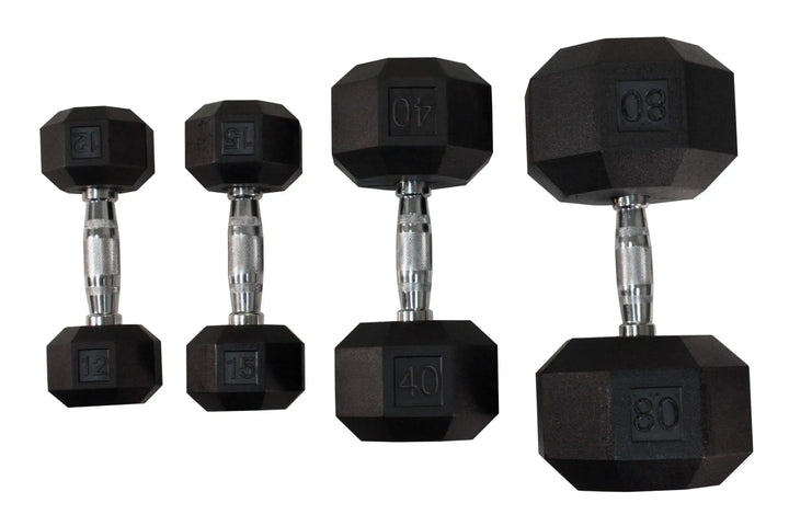Four VTX Rubber Octagon Dumbbells with black heads and silver handles are arranged by weight: 12 lbs, 15 lbs, 40 lbs, and 80 lbs. Each displays its weight for easy identification.