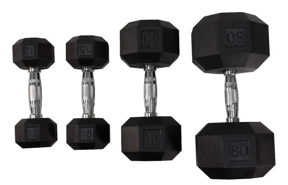 Four VTX hexagonal dumbbells from the 5-100 lb VTX Dumbbell Set w/ Rack are arranged by increasing size: 12, 15, 40, and 80 lbs. Featuring black plates and metallic handles, they are ideal for any fitness facility.