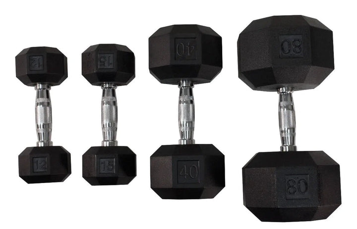 Four VTX hexagonal dumbbells from the 5-100 lb VTX Dumbbell Set w/ Rack are arranged by increasing size: 12, 15, 40, and 80 lbs. Featuring black plates and metallic handles, they are ideal for any fitness facility.