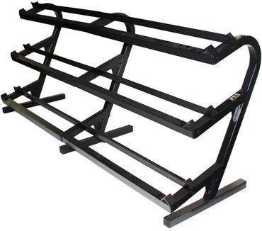 The VTX 5-100 lb Dumbbell Set w/ Rack features a black, three-tiered steel rack with angled shelves, ideal for fitness facilities. Its sturdy structure is designed to hold long items like pipes or rods and supports commercial-grade dumbbells, featuring base supports for stability.