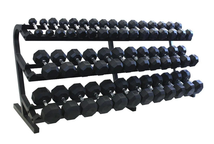 The VTX 5-100 lb Dumbbell Set with Rack features commercial-grade black hexagonal dumbbells displayed in ascending weight order on a sturdy three-tier metal rack, set against a pristine white background. Perfect for any fitness facility.