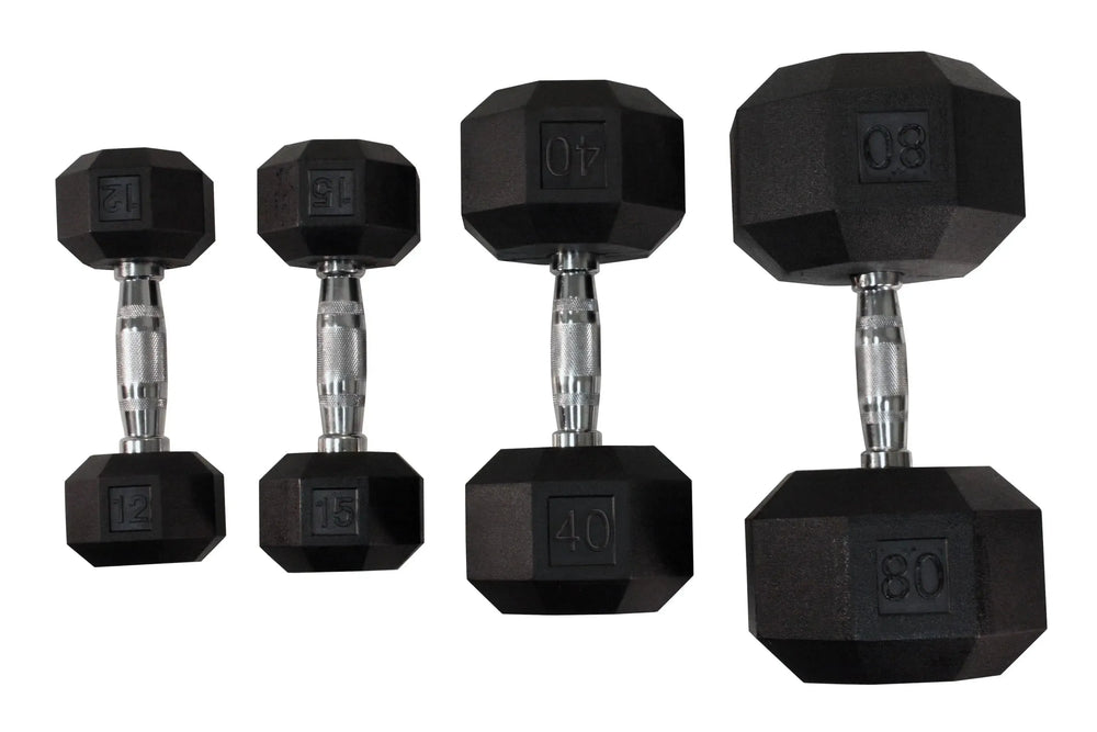 A lineup of hexagonal black dumbbells with silver handles, featuring weights labeled 12, 15, 40, and 80 lbs from the VTX 5-50 lb Dumbbell Set with Rack by VTX, ideal for strength training and perfect for any fitness facility.