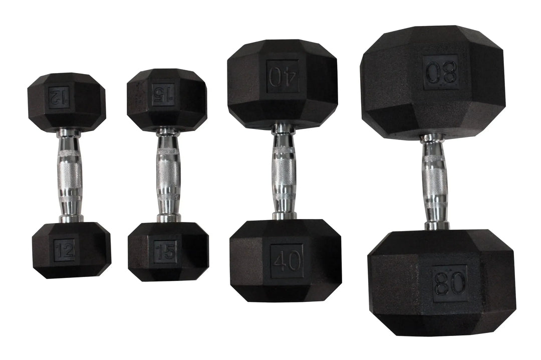 A lineup of hexagonal black dumbbells with silver handles, featuring weights labeled 12, 15, 40, and 80 lbs from the VTX 5-50 lb Dumbbell Set with Rack by VTX, ideal for strength training and perfect for any fitness facility.