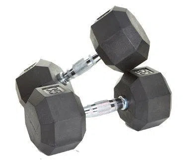 Two black hexagonal dumbbells with metal handles, from the VTX 5-50 lb Dumbbell Set w/ Rack, are crossed on a white background. Each dumbbell has an embossed weight label, making them ideal for any fitness facility and embodying strength training essentials.