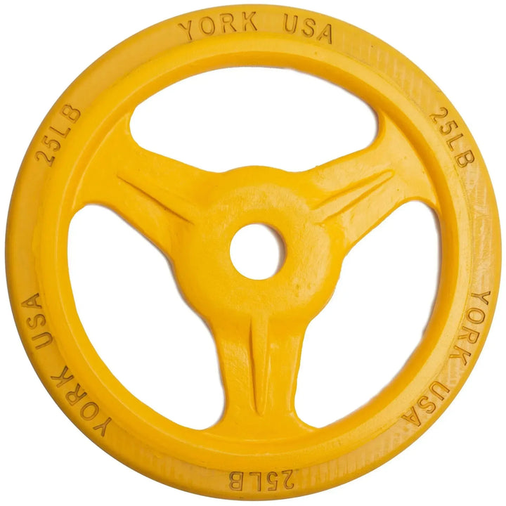 The York Bumper Grip Plate Set includes a yellow 25-pound weight plate with three spokes and a rubber rim, embossed with YORK USA and 25LB, perfect for enhancing your York Barbell collection.