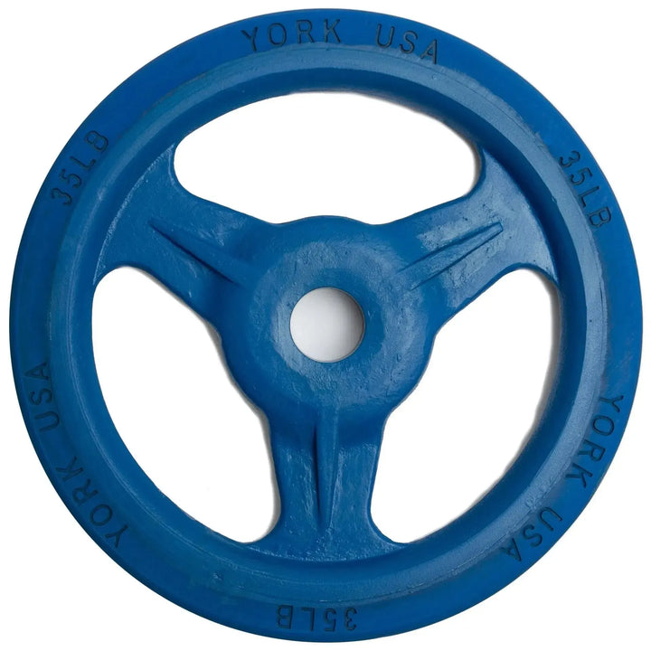 A 35-pound York Bumper Grip Plate, with a blue rubber rim and three large cutouts. It features York USA and 35 LB embossed on the edge, ideal for users of the York Bumper Grip Plate Set.