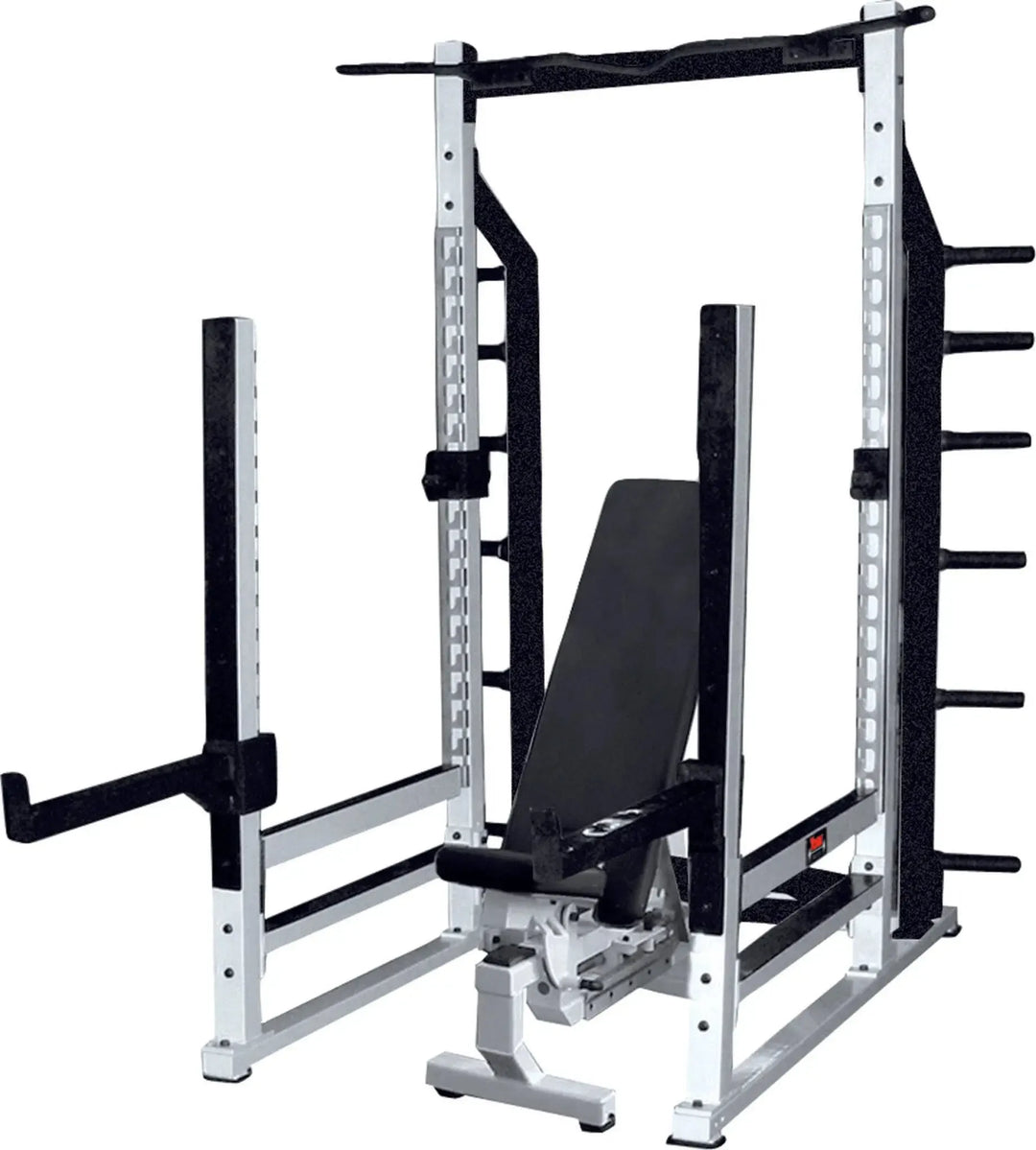 The York STS Multi-Function Squat Rack w/ Bench by York Barbell is a sleek black and white fitness equipment featuring adjustable positions, barbell holder, adjustable bench, side plate holders, and safety catches—ideal for weightlifting and strength training.