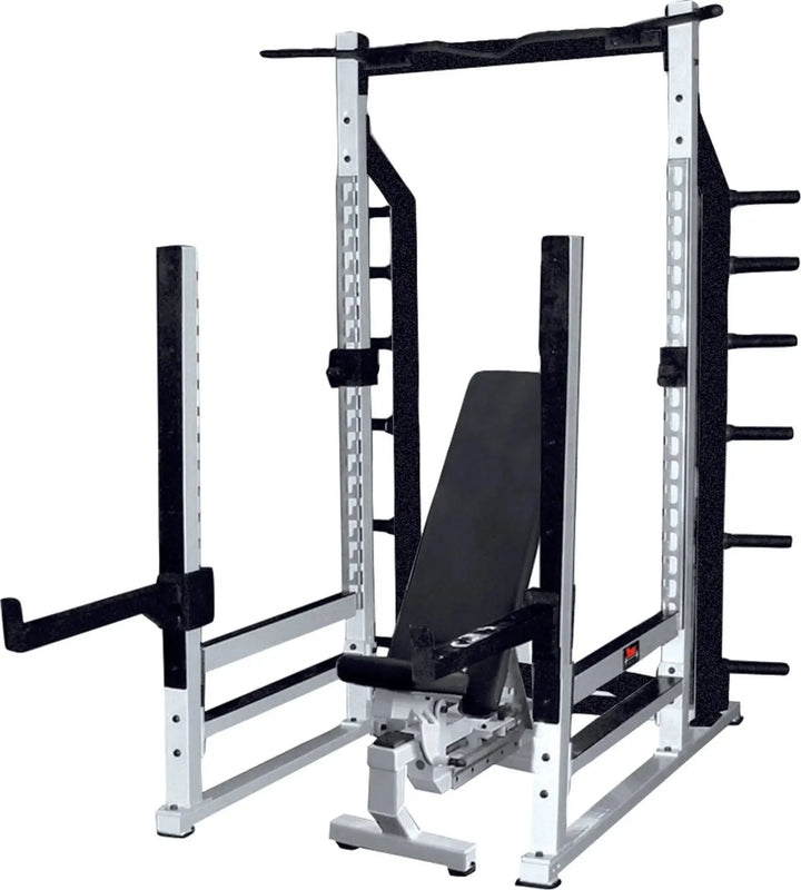 The York STS Multi-Function Squat Rack w/ Bench by York Barbell is a sleek black and white fitness equipment featuring adjustable positions, barbell holder, adjustable bench, side plate holders, and safety catches—ideal for weightlifting and strength training.
