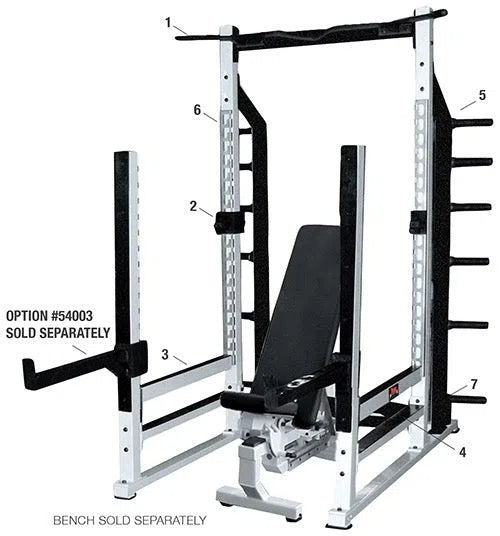 The York STS Multi-Function Squat Rack by York Barbell features a white and black frame with numbered parts, including a chin-up bar, safety catches, and storage pegs. Adjustability suits various exercises. The bench is sold separately.