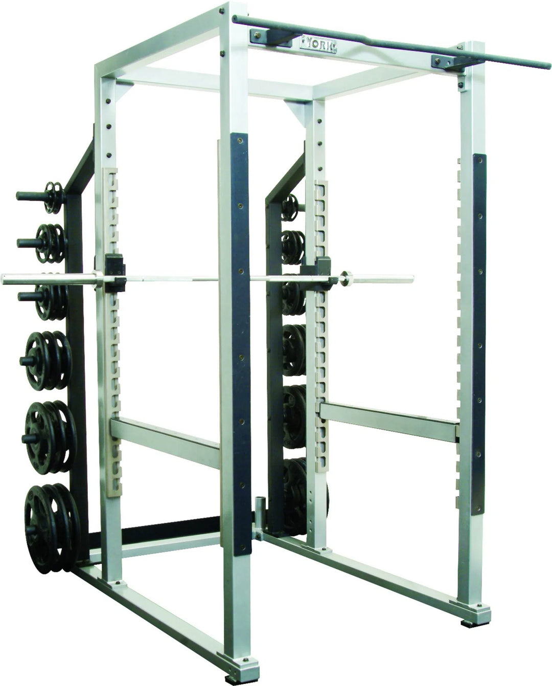 The York STS Power Rack w/ Hook Plates by York Barbell, in silver and black, features a barbell set on adjustable hooks and weight plates stored on pegs. Its perfect for strength training exercises like squats and bench presses with its sturdy metal construction suitable for commercial use.