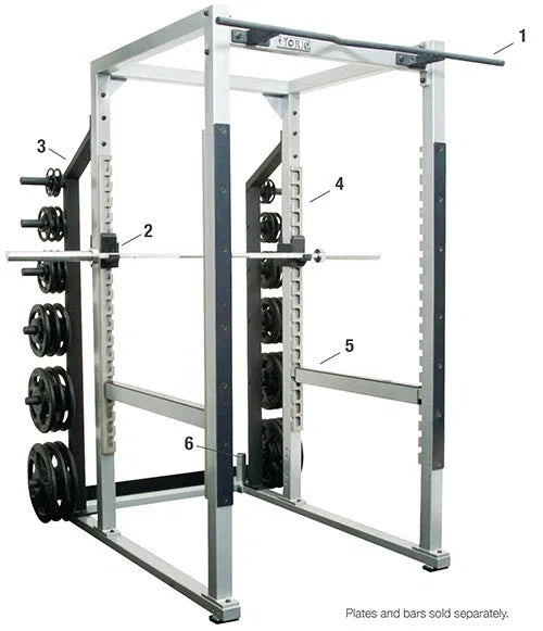 The York STS Power Rack w/ Hook Plates by York Barbell, in white and black, includes weight plates and barbell holders, a top pull-up bar, numbered frame parts, and side metal racks for easy weight storage. Ideal for strength training; plates and bars are sold separately.