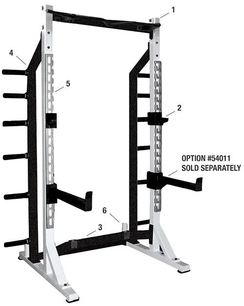 The York STS Self Standing Half Rack by York Barbell features adjustable safety bars, integrated weight storage pegs on both sides, and is labeled with numbers 1 to 6 for features. An additional option, #54011, is sold separately.