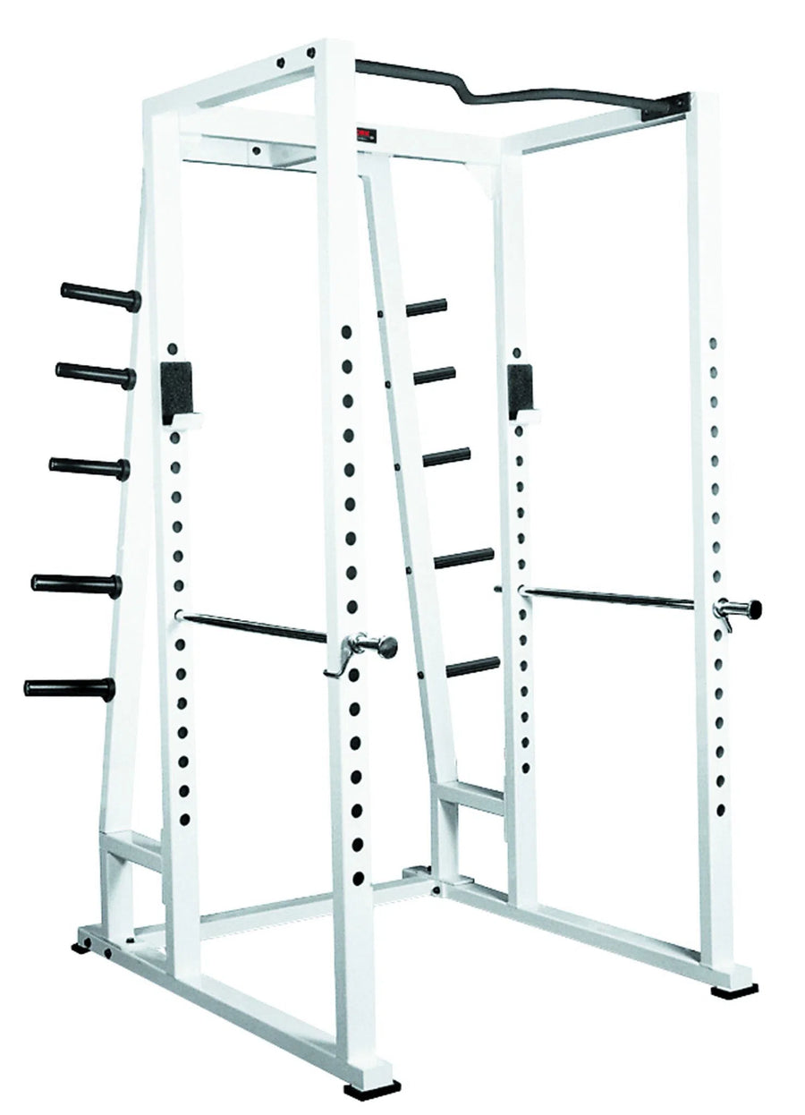 The York Barbell STS Power Rack w/ Weight Storage is a white rack featuring a pull-up bar, adjustable spotting rods, and multiple weight holders for strength training exercises like squats and bench presses.