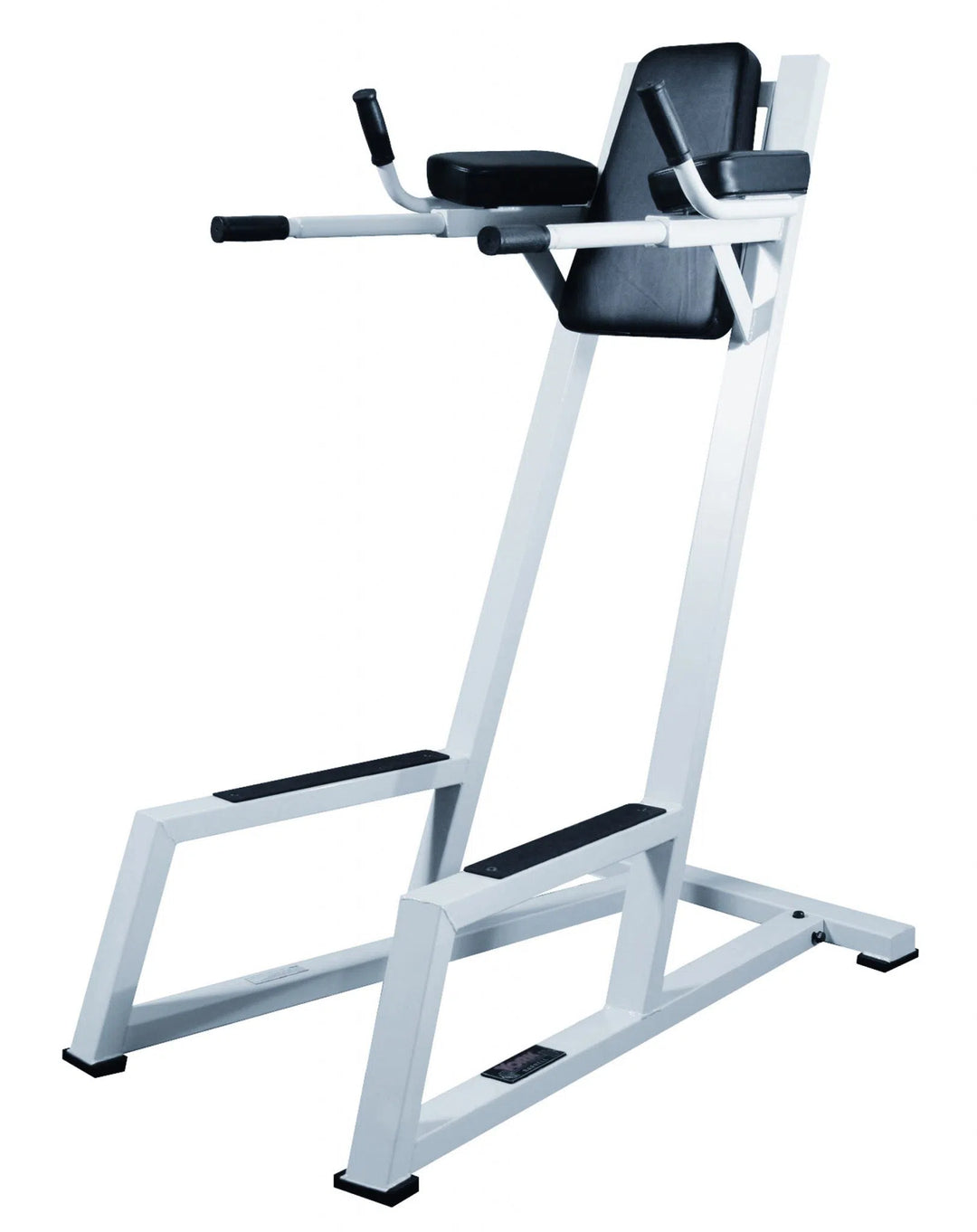 The York Vertical Knee Raise Dip Station by York Barbell features padded armrests, back support, and handles. Its angled grips and foot platforms on a strong rectangular base make it ideal for upper body workouts.