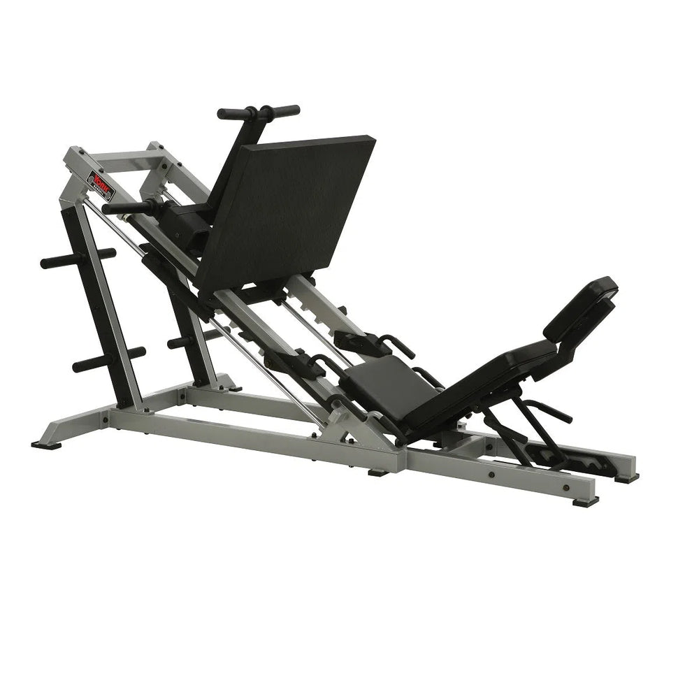 The York STS 35 Degree Leg Press Machine by York Barbell boasts a high capacity with a black seat and backrest, gray frame, and weights rack. It features lumbar support and an angled footplate for user-friendly resistance exercises, all set against a white background.