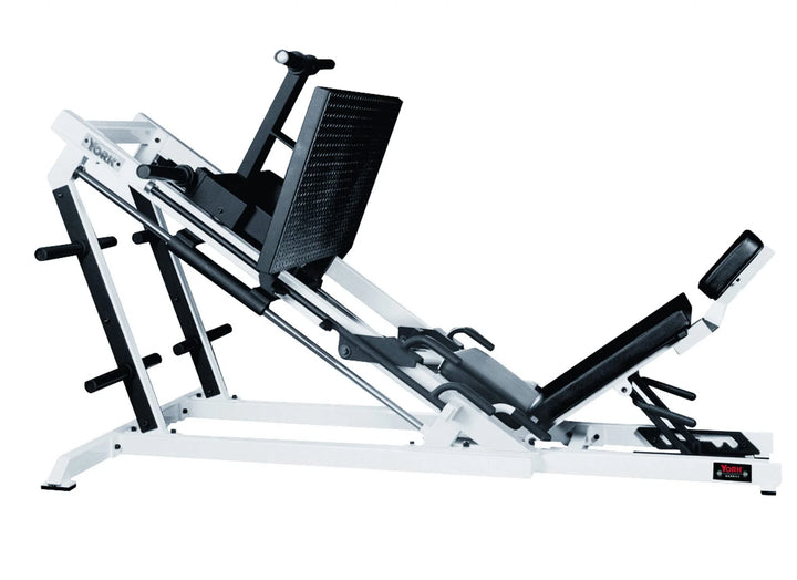 The York STS 35 Degree Leg Press Machine by York Barbell, in white and black, features a seat, foot platform, and high-capacity weight holders. Its ideal for strengthening legs and glutes in gyms, offering a user-friendly design perfect for lower body workouts.