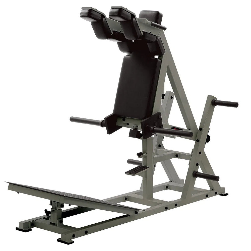 The York Barbell STS Power Front Squat Machine has a black seat and backrest, angled metal frame, and footplate. With side handles and adjustable weights above the seat, its ideal for hack squat exercises and effective lower body training.