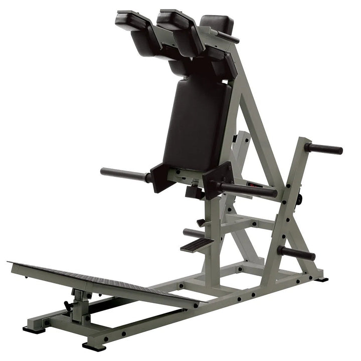 The York Barbell STS Power Front Squat Machine has a black seat and backrest, angled metal frame, and footplate. With side handles and adjustable weights above the seat, its ideal for hack squat exercises and effective lower body training.