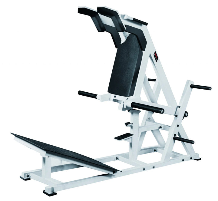 The York Barbell STS Power Front Squat Machine has a white and black design with padded back support, two handles, and an angled footplate. Its sturdy frame is ideal for lower body exercises like hack squats and front squats.