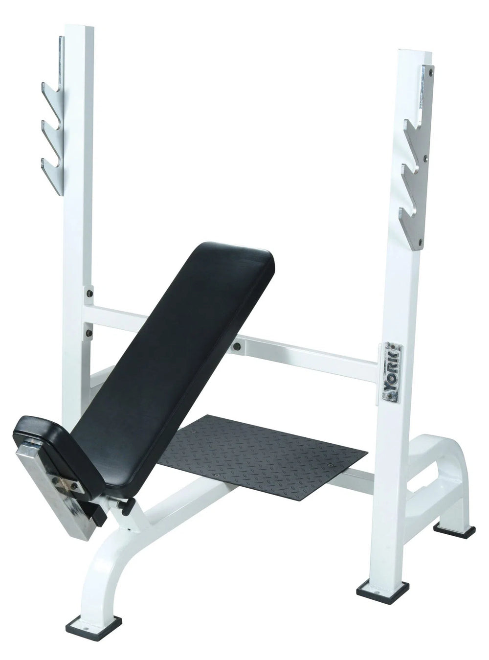The York Barbell STS Olympic Incline Bench Press with 3 bar holders features a white and black frame, padded bench, safety brackets, textured footplate, and adjustable seat pad for upper chest isolation exercises.
