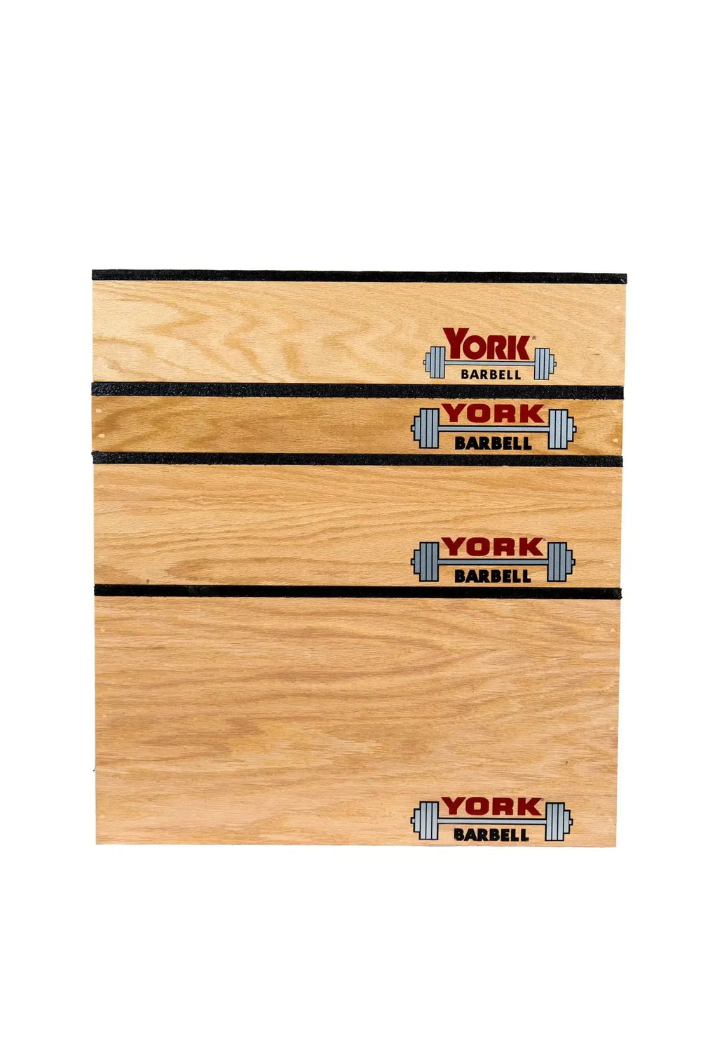 York Stackable Plyo / Step-Up Boxes, branded with York Barbell and a barbell icon, are displayed on a plain white background. Available in multiple sizes, these fitness essentials feature black anti-slip tape on the edges, ideal for high-intensity workouts.