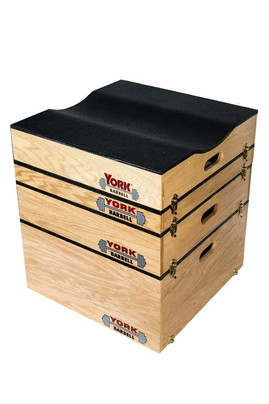 York Stackable Plyo / Step-Up Box by York Barbell features wooden lifting blocks with logos, black cushioned tops, metal clasps, side handles, and notched sides for secure stacking. Ideal for high-intensity workouts or supporting other fitness equipment.
