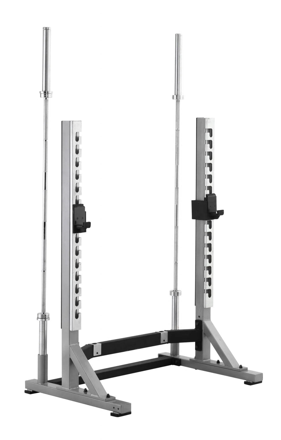 The York Barbell STS Collegiate Squat Rack is a compact, silver rack with two vertical bar supports, adjustable safety catches, and rubber feet. Its perfect for strength training, holding two long barbells securely on a stable rectangular base.