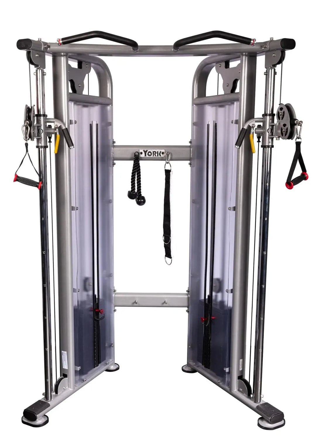 The York STS Functional Cable Crossover Machine by York Barbell features dual adjustable pulleys, a sturdy metal frame, and attached handles for versatile strength training. It includes a central pull-up bar and weight stacks on both sides, ideal for comprehensive fitness routines.