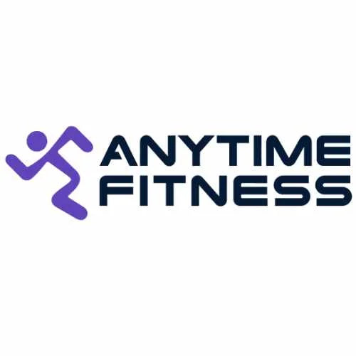 Logo of Anytime Fitness featuring a stylized purple figure in motion next to the text ANYTIME FITNESS in bold, black letters.