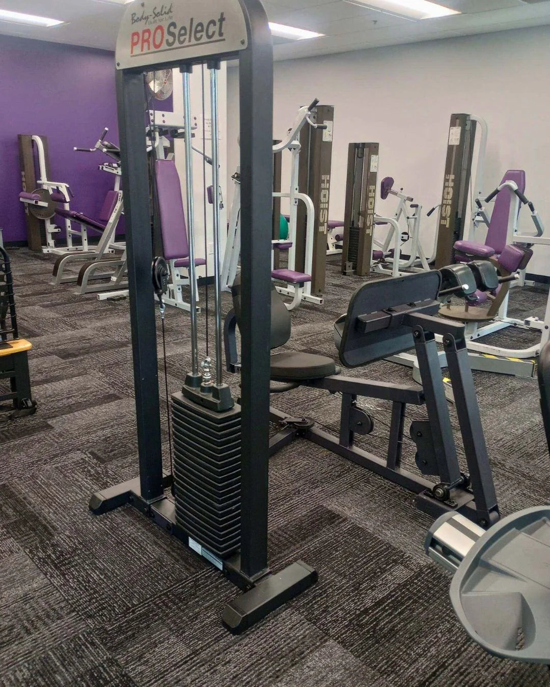 Gym equipment with a seat and weight stack, labeled PRO Select. Its set in a room with gray carpet and purple accents, surrounded by various exercise machines.