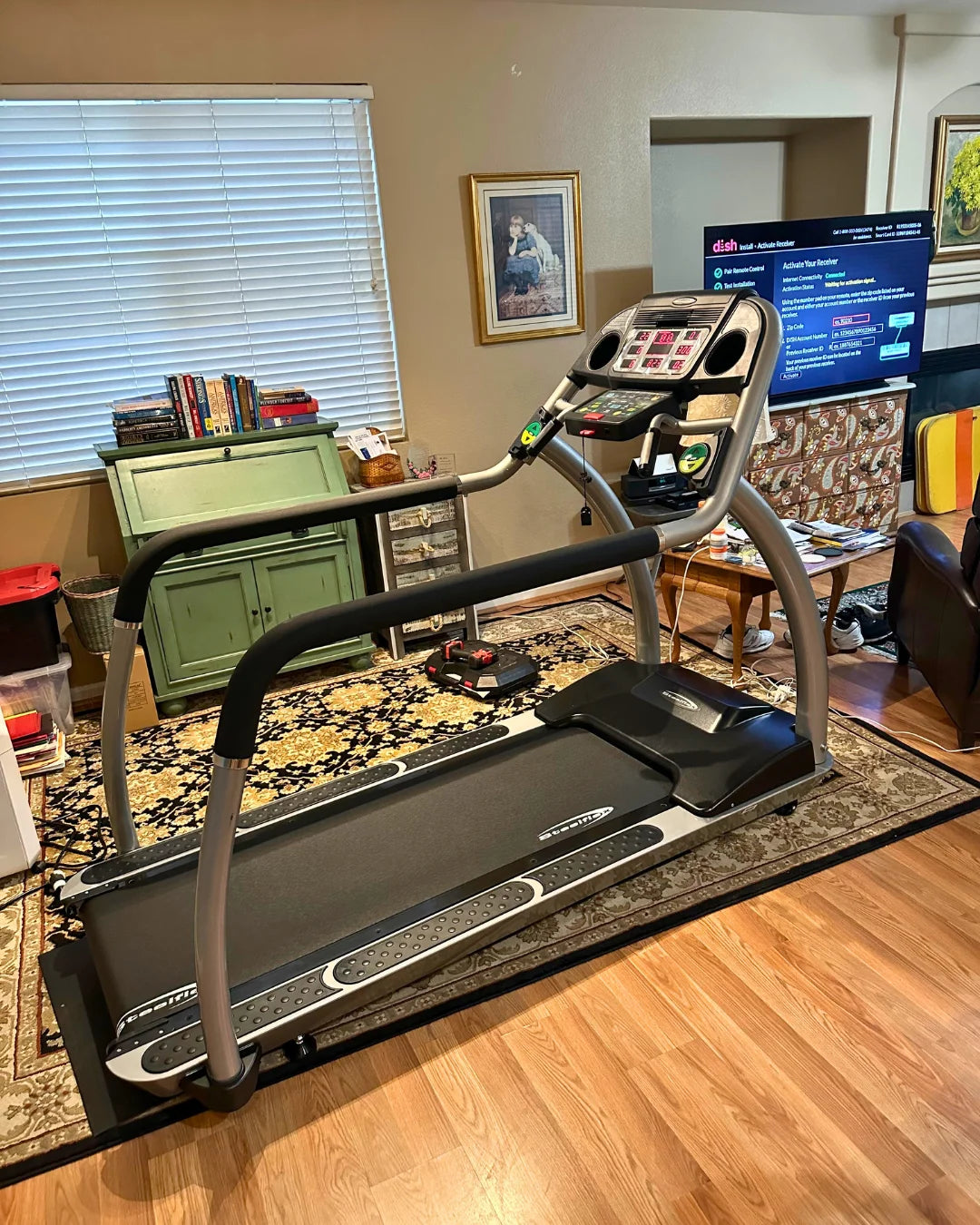A treadmill is placed in a living room with wooden flooring. Behind it, a TV is displaying a paused screen. A green cabinet with books and a speaker is against the wall beneath a window with blinds. A painting is hung on the wall above the cabinet.
